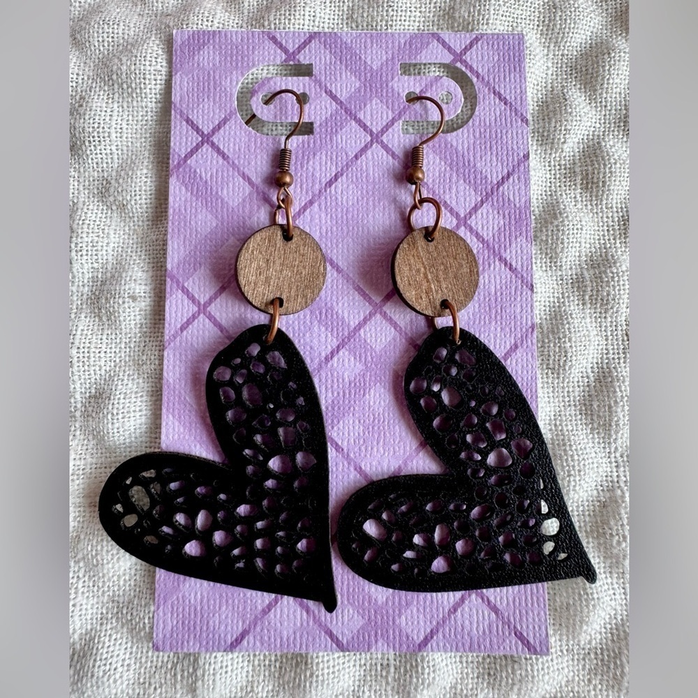 New Faux Leather Black Heart & Wooden Disk Dangle Earrings - 3.25”